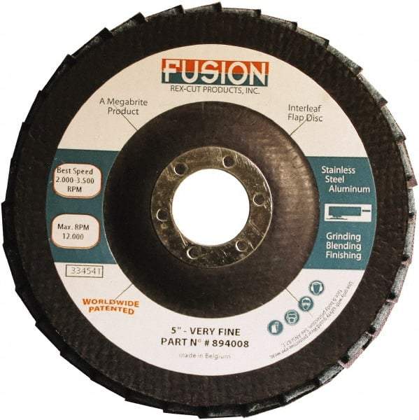 Rex Cut Product - 120 Grit, 5" Disc Diam, 7/8" Center Hole, Type 29 Aluminum Oxide Flap Disc - 12,200 Max RPM, Fiberglass Backing, Arbor Attaching System, Coated & Non-Woven Combo - Caliber Tooling