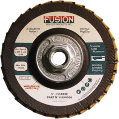 Rex Cut Product - 60 Grit, 5" Disc Diam, 5/8-11 Center Hole, Type 29 Aluminum Oxide Flap Disc - 12,200 Max RPM, Fiberglass Backing, Arbor Attaching System, Coated & Non-Woven Combo - Caliber Tooling