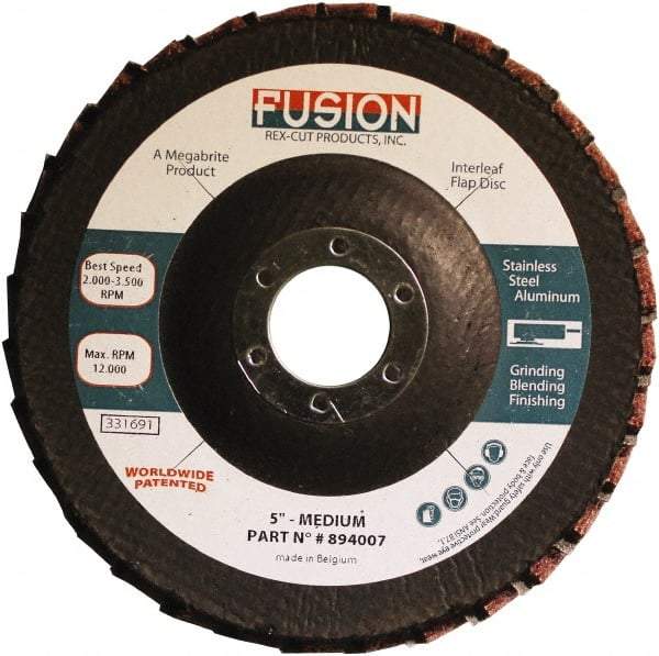 Rex Cut Product - 80 Grit, 5" Disc Diam, 7/8" Center Hole, Type 29 Aluminum Oxide Flap Disc - 12,200 Max RPM, Fiberglass Backing, Arbor Attaching System, Coated & Non-Woven Combo - Caliber Tooling