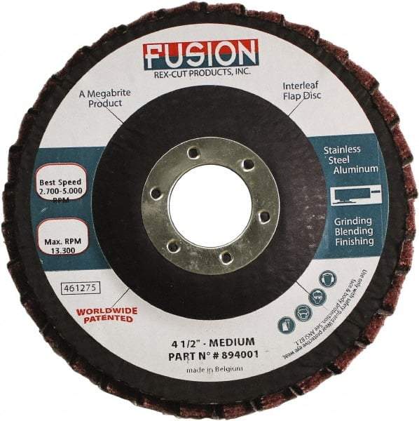 Rex Cut Product - 80 Grit, 4-1/2" Disc Diam, 7/8" Center Hole, Type 29 Aluminum Oxide Flap Disc - 13,300 Max RPM, Fiberglass Backing, Arbor Attaching System, Coated & Non-Woven Combo - Caliber Tooling