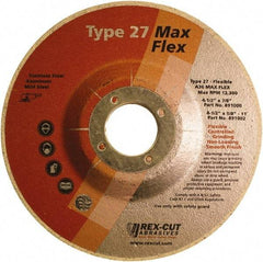 Rex Cut Product - 36 Grit, 4-1/2" Wheel Diam, 3/16" Wheel Thickness, 7/8" Arbor Hole, Type 27 Depressed Center Wheel - Aluminum Oxide, 13,300 Max RPM - Caliber Tooling