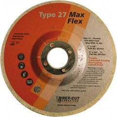 Rex Cut Product - 54 Grit, 5" Wheel Diam, 5/32" Wheel Thickness, 7/8" Arbor Hole, Type 27 Depressed Center Wheel - Aluminum Oxide, 12,200 Max RPM - Caliber Tooling