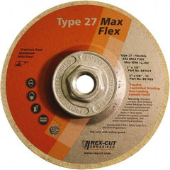 Rex Cut Product - 54 Grit, 5" Wheel Diam, 5/32" Wheel Thickness, Type 27 Depressed Center Wheel - Aluminum Oxide, 12,200 Max RPM - Caliber Tooling