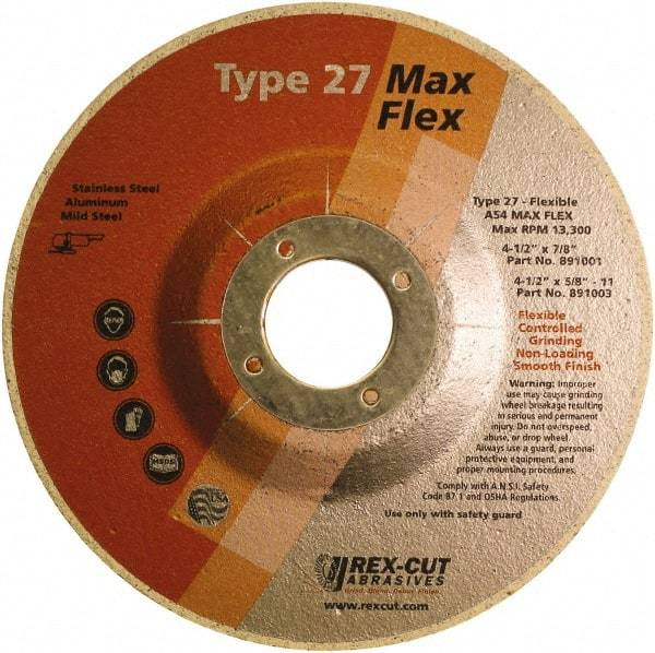 Rex Cut Product - 54 Grit, 4-1/2" Wheel Diam, 5/32" Wheel Thickness, 7/8" Arbor Hole, Type 27 Depressed Center Wheel - Aluminum Oxide, 13,300 Max RPM - Caliber Tooling