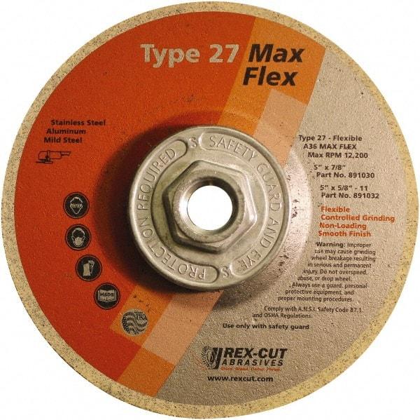 Rex Cut Product - 36 Grit, 5" Wheel Diam, 5/32" Wheel Thickness, Type 27 Depressed Center Wheel - Aluminum Oxide, 12,200 Max RPM - Caliber Tooling