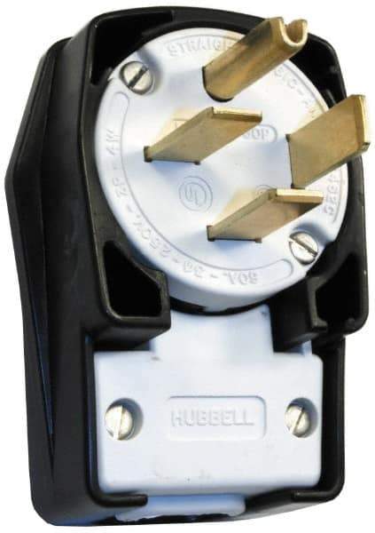 Hubbell Wiring Device-Kellems - 250 VAC, 60 Amp, 15-60P NEMA, Angled, Self Grounding, Commercial, Industrial Grade Plug - 3 Pole, 4 Wire, 3 Phase, 10 hp, Nylon, Black, White - Caliber Tooling