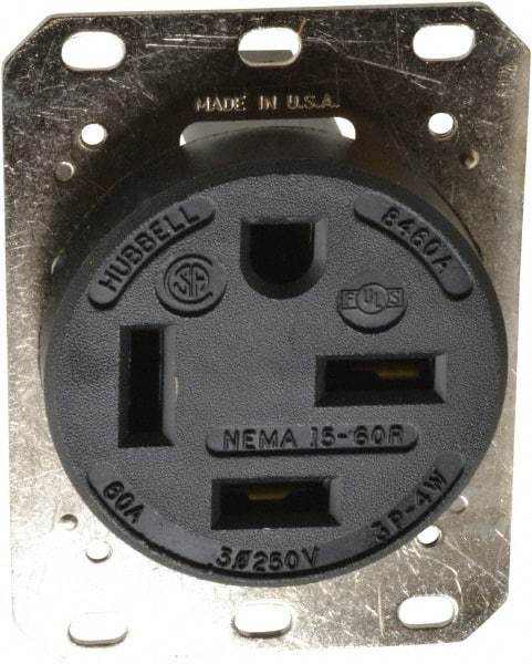 Hubbell Wiring Device-Kellems - 250 VAC, 60 Amp, 15-60R NEMA Configuration, Black, Industrial Grade, Self Grounding Single Receptacle - 1 Phase, 3 Poles, 4 Wire, Flush Mount - Caliber Tooling