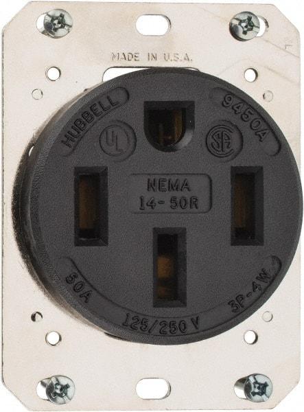 Hubbell Wiring Device-Kellems - 125/250 VAC, 50 Amp, 14-50R NEMA Configuration, Black, Industrial Grade, Self Grounding Single Receptacle - 1 Phase, 3 Poles, 4 Wire, Flush Mount - Caliber Tooling