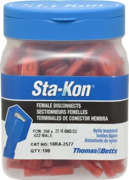 Thomas & Betts - 22 to 18 AWG, Nylon, Fully Insulated, Female Wire Disconnect - 1/4 Inch Wide Tab, Red, CSA Certified, RoHS Compliant, UL 94 V-2, UL File E66716, UL Listed - Caliber Tooling