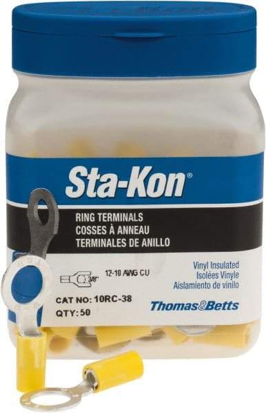 Thomas & Betts - 12-10 AWG Partially Insulated Crimp Connection D Shaped Ring Terminal - 3/8" Stud, 1.29" OAL x 0.59" Wide, Tin Plated Copper Contact - Caliber Tooling