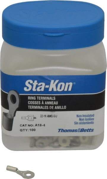 Thomas & Betts - 22-16 AWG Noninsulated Crimp Connection D Shaped Ring Terminal - #4 Stud, 3/4" OAL x 0.31" Wide, Tin Plated Copper Contact - Caliber Tooling