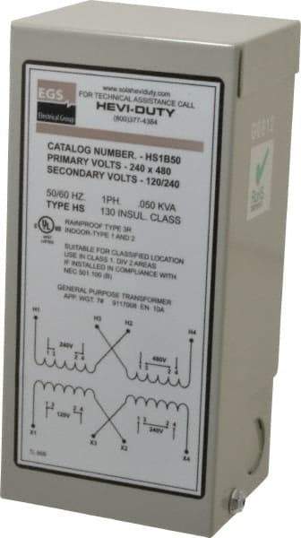 Sola/Hevi-Duty - 1 Phase, 240-480 Volt Input, 120/240 Volt Output, 60 Hz, 0.05 kVA, General Purpose Transformer - 4, 12, 3R, 4X NEMA Rating, 176°F Temp Rise, 4 Inch Wide x 3 Inch Deep x 6 Inch High, Indoor, Outdoor, Wall Mount - Caliber Tooling