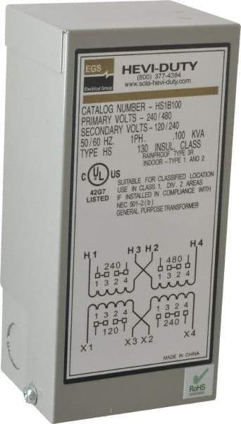 Sola/Hevi-Duty - 1 Phase, 240-480 Volt Input, 120/240 Volt Output, 60 Hz, 0.1 kVA, General Purpose Transformer - 4, 12, 3R, 4X NEMA Rating, 176°F Temp Rise, 4 Inch Wide x 3 Inch Deep x 6 Inch High, Indoor, Outdoor, Wall Mount - Caliber Tooling