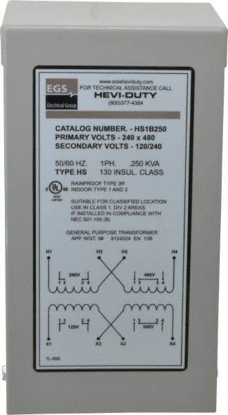 Sola/Hevi-Duty - 1 Phase, 240-480 Volt Input, 120/240 Volt Output, 60 Hz, 1/4 kVA, General Purpose Transformer - 4, 12, 3R, 4X NEMA Rating, 176°F Temp Rise, 4 Inch Wide x 4 Inch Deep x 8 Inch High, Indoor, Outdoor, Wall Mount - Caliber Tooling