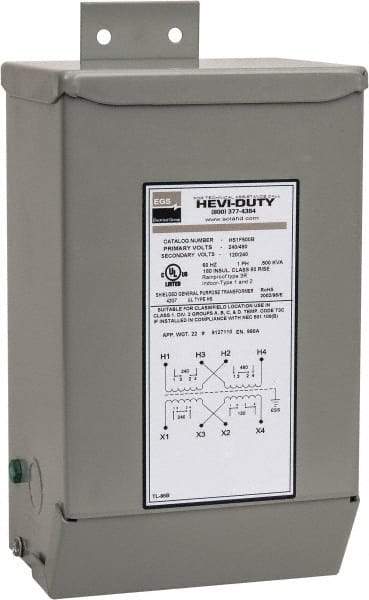 Sola/Hevi-Duty - 1 Phase, 240-480 Volt Input, 120/240 Volt Output, 60 Hz, 0.5 kVA, General Purpose Transformer - 4, 12, 3R, 4X NEMA Rating, 239°F Temp Rise, 6 Inch Wide x 5 Inch Deep x 10 Inch High, Indoor, Outdoor, Wall Mount - Caliber Tooling