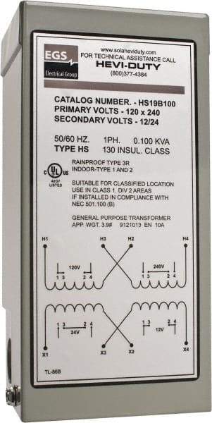 Sola/Hevi-Duty - 120/240 Input Volt, 12/24 Output Volt, 60 Hz, Buck Boost Transformer - 1 Phase, 4 Inch Wide x 3 Inch Deep x 6 Inch High, cULus Listed E77014 - Caliber Tooling