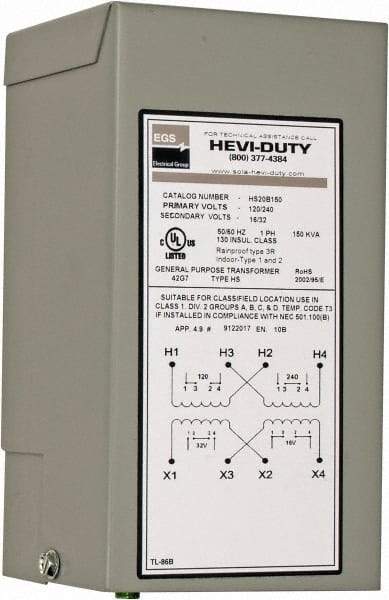 Sola/Hevi-Duty - 120/240 Input Volt, 16/32 Output Volt, 60 Hz, Buck Boost Transformer - 1 Phase, 4 Inch Wide x 4 Inch Deep x 8 Inch High, cULus Listed E77014 - Caliber Tooling