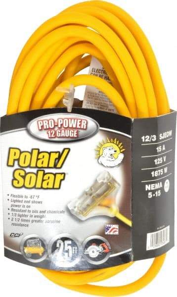 Southwire - 25', 12/3 Gauge/Conductors, Yellow Indoor & Outdoor Extension Cord - 1 Receptacle, 15 Amps, 300 Volts, UL SJEOW-A, NEMA 5-15P, 5-15R x 3 - Caliber Tooling