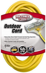 Southwire - 50', 12/3 Gauge/Conductors, Yellow Indoor & Outdoor Extension Cord - 1 Receptacle, 15 Amps, 125 VAC, UL SJTW-A, NEMA 5-15P, 5-15R x 3 - Caliber Tooling