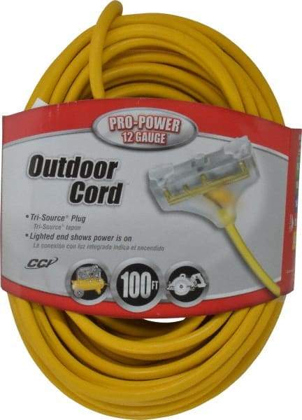 Southwire - 100', 12/3 Gauge/Conductors, Yellow Indoor & Outdoor Extension Cord - 1 Receptacle, 15 Amps, 125 VAC, UL SJTW-A, NEMA 5-15P, 5-15R x 3 - Caliber Tooling