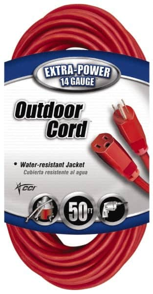 Southwire - 50', 14/3 Gauge/Conductors, Red Indoor & Outdoor Extension Cord - 1 Receptacle, 15 Amps, 125 VAC, UL SJTW, NEMA 5-15P, 5-15R - Caliber Tooling