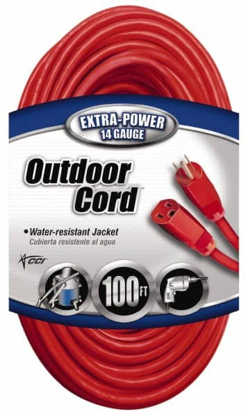 Southwire - 100', 14/3 Gauge/Conductors, Red Indoor & Outdoor Extension Cord - 1 Receptacle, 13 Amps, 125 VAC, UL SJTW, NEMA 5-15P, 5-15R - Caliber Tooling