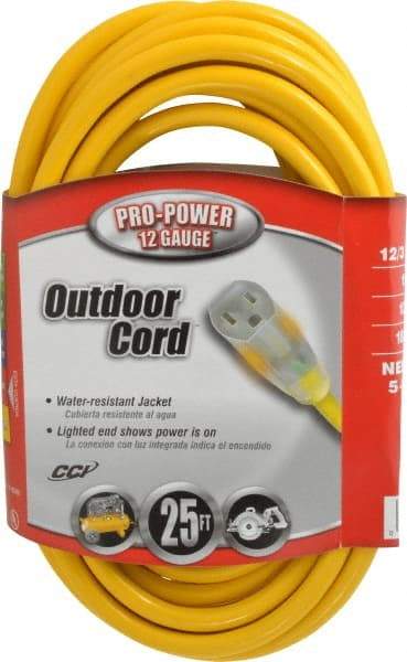 Southwire - 25', 12/3 Gauge/Conductors, Yellow Indoor & Outdoor Extension Cord - 1 Receptacle, 15 Amps, 125 VAC, UL SJTW, NEMA 5-15P, 5-15R - Caliber Tooling