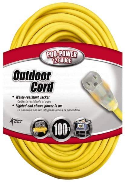 Southwire - 100', 12/3 Gauge/Conductors, Yellow Indoor & Outdoor Extension Cord - 1 Receptacle, 15 Amps, 125 VAC, UL SJTW, NEMA 5-15P, 5-15R - Caliber Tooling