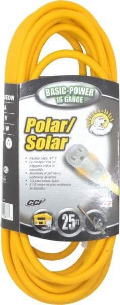 Southwire - 25', 16/3 Gauge/Conductors, Yellow Outdoor Extension Cord - 1 Receptacle, 13 Amps, 125 VAC, UL SJEOOW, NEMA 5-15P, 5-15R - Caliber Tooling