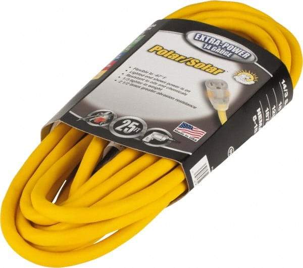 Southwire - 25', 14/3 Gauge/Conductors, Yellow Outdoor Extension Cord - 1 Receptacle, 15 Amps, 125 VAC, UL SJEOOW, NEMA 5-15P, 5-15R - Caliber Tooling