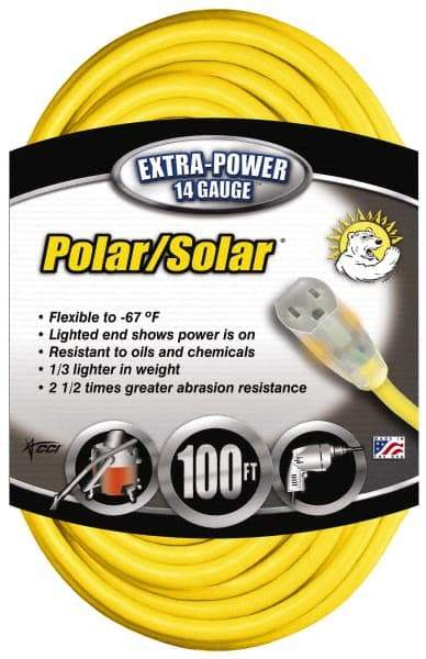 Southwire - 100', 14/3 Gauge/Conductors, Yellow Outdoor Extension Cord - 1 Receptacle, 13 Amps, 125 VAC, UL SJEOOW, NEMA 5-15P, 5-15R - Caliber Tooling