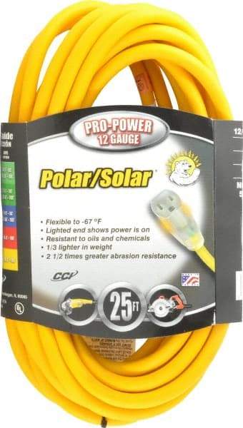 Southwire - 25', 12/3 Gauge/Conductors, Yellow Outdoor Extension Cord - 1 Receptacle, 15 Amps, 125 VAC, UL SJEOOW, NEMA 5-15P, 5-15R - Caliber Tooling