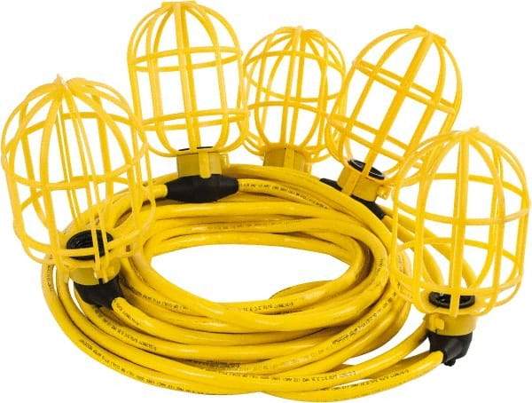 Value Collection - 5 Socket, 4 Conductor, 125 VAC, 15 Amp, Temporary String Light - 50' SJTW-A Cord, Yellow, Plastic, Includes Lamp Guard - Caliber Tooling