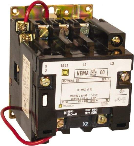 Square D - 3 Pole, 440 Coil VAC at 50 Hz and 480 Coil VAC at 60 Hz, 9 Amp NEMA Contactor - Open Enclosure, 50 Hz at 440 VAC and 60 Hz at 480 VAC - Caliber Tooling