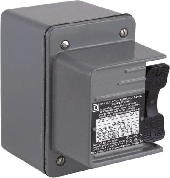 Square D - 2 Poles, 16 Amp, NEMA, Enclosed Toggle Manual Motor Starter - 1 hp at 115 VAC, 1 hp at 230 VAC, 1 hp at 277 VAC, 3/4 hp at 115 VDC & 3/4 hp at 230 VDC, CE, CSA, NEMA 4 & UL Listed - Caliber Tooling