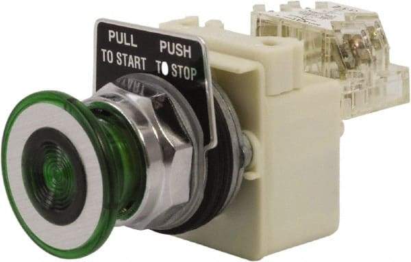 Schneider Electric - 30mm Mount Hole, Extended Straight, Pushbutton Switch with Contact Block - Green Pushbutton, Maintained (MA) - Caliber Tooling