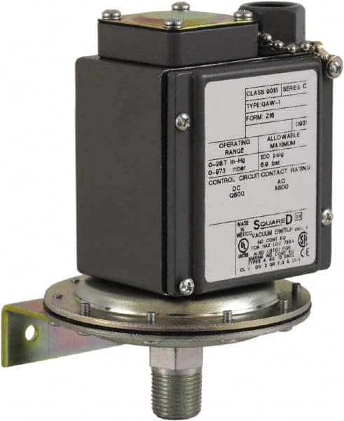 Square D - 4, 13 and 4X NEMA Rated, SPDT, 0.2 to 10 psi, Vacuum Switch Pressure and Level Switch - Adjustable Pressure, 120 VAC, 125 VDC, 240 VAC, 250 VDC, Screw Terminal - Caliber Tooling