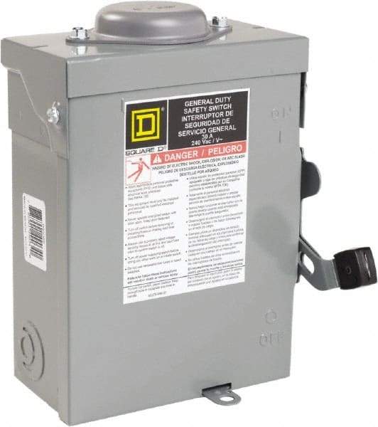 Square D - 30 Amp, 240 VAC, 2 Pole Nonfused Safety Switch - NEMA 3R, 1 & 3 Phase, 10 hp at 240 VAC (Single Phase), 15 hp at 240 VAC (Triple Phase) - Caliber Tooling