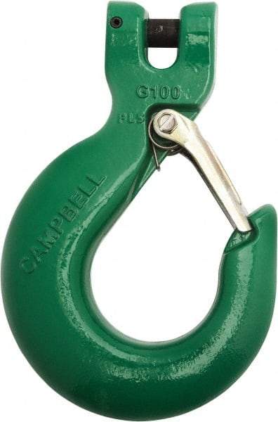 Campbell - 3/8" Chain Diam, 100 Chain Grade Clevis Hook - 8,800 Lb Capacity, 1/2" ID, 1/2" Pin Diam, 1-15/32" Hook Throat - Caliber Tooling