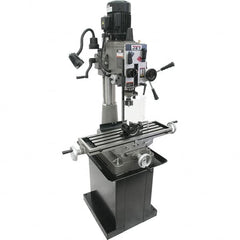 Jet - 1 Phase, 20-1/2" Swing, Geared Head Mill Drill Combination - 32-1/4" Table Length x 9-1/2" Table Width, 20-1/2" Longitudinal Travel, 8-1/4" Cross Travel, 6 Spindle Speeds, 1.5 hp, 115/230 Volts - Caliber Tooling