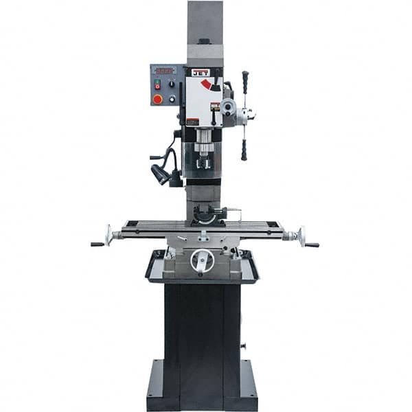 Jet - 1 Phase, 19-11/16" Swing, Geared Head Mill Drill Combination - 32-1/4" Table Length x 9-1/2" Table Width, 20-1/2" Longitudinal Travel, 8-1/4" Cross Travel, Variable Spindle Speeds, 1.5 hp, 115/230 Volts - Caliber Tooling