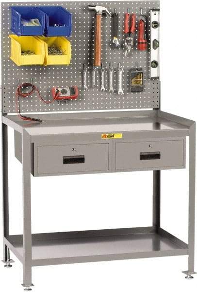 Little Giant - 2 Drawer, 2 Shelf Workbench with Pegboard - 2,000 Lb Capacity, Steel with Flush Front Edge Top, Gray, 24" Wide x 45" High x 48" Long - Caliber Tooling