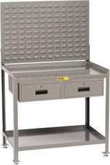 Little Giant - 2 Drawer, 2 Shelf Workbench with Louvered Panel - 2,000 Lb Capacity, Steel with Flush Front Edge Top, Gray, 24" Wide x 45" High x 48" Long - Caliber Tooling