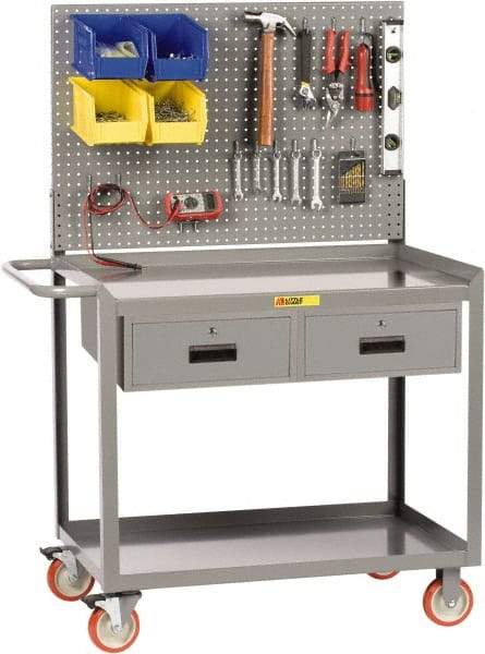 Little Giant - 1,200 Lb Capacity, 2 Shelf, 2 Drawer Mobile Workbench with Pegboard Panel - 48" Wide x 24" Deep x 60" High, Steel - Caliber Tooling