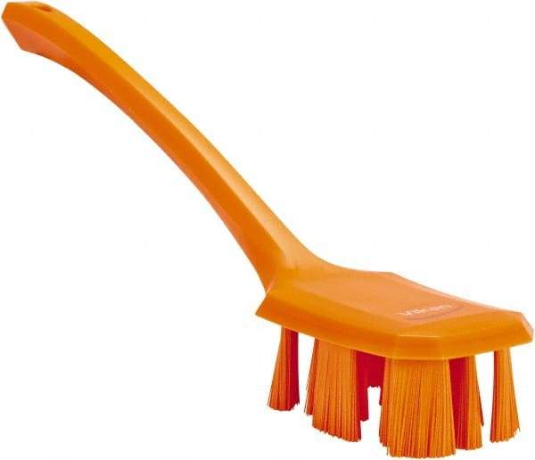 Vikan - 2-3/4" Bristle Length, Polyester Scrub Brush - 12" Long x 2-7/8" Wide Head, 15-1/2" OAL, Long Handle, Orange, Polypropylene Block - Caliber Tooling