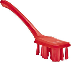 Vikan - 2-3/4" Bristle Length, Polyester Scrub Brush - 12" Long x 2-7/8" Wide Head, 15-1/2" OAL, Long Handle, Red, Polypropylene Block - Caliber Tooling