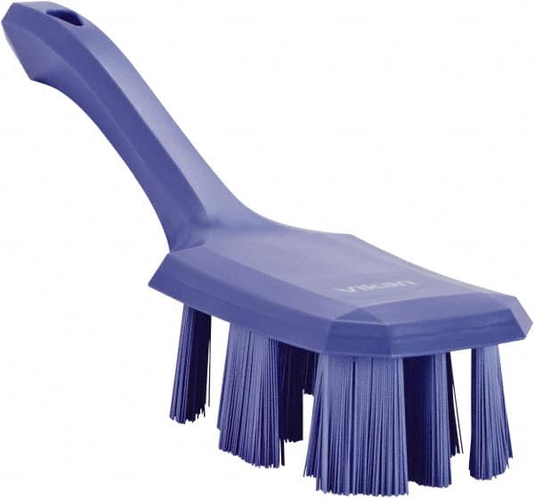 Vikan - 2-3/4" Bristle Length, Polyester Scrub Brush - 8" Long x 2-7/8" Wide Head, 10" OAL, Short Handle, Purple, Polypropylene Block - Caliber Tooling