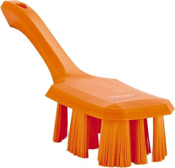 Vikan - 2-3/4" Bristle Length, Polyester Scrub Brush - 8" Long x 2-7/8" Wide Head, 10" OAL, Short Handle, Orange, Polypropylene Block - Caliber Tooling