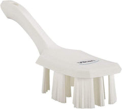 Vikan - 2-3/4" Bristle Length, Polyester Scrub Brush - 8" Long x 2-7/8" Wide Head, 10" OAL, Short Handle, White, Polypropylene Block - Caliber Tooling