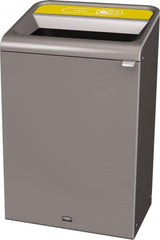 Rubbermaid - 33 Gal Gray Rectangle Decorative Indoor Single Stream Waste Receptacle - Metal, Cans Graphic, 37.965" High x 24.051" Long x 19-1/2" Wide, Lid Included - Caliber Tooling